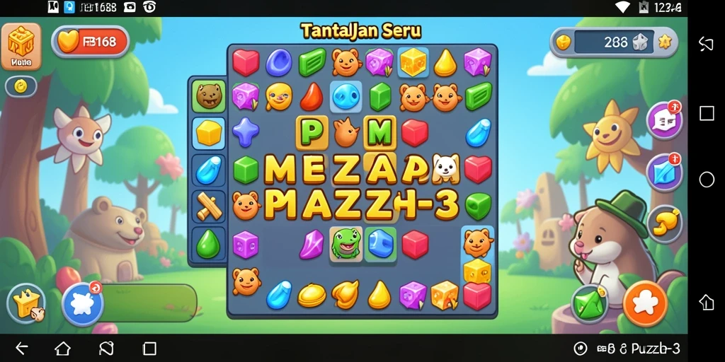 Antarmuka FB168 menampilkan dunia warna-warni dari game Puzzle Match-3.